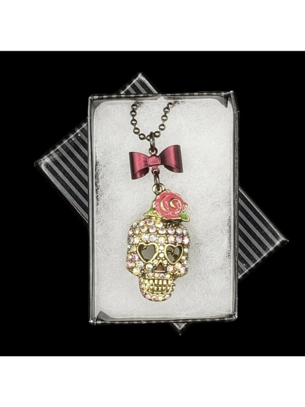 Skull with Rose and Bow Necklace Gift Boxed Enamel Rhinestones Goth Halloween v2